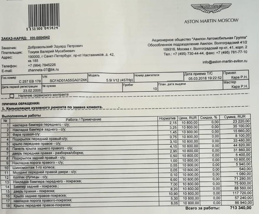 Стоимость ремонта 13-летнего Aston Martin после несильного удара в бок