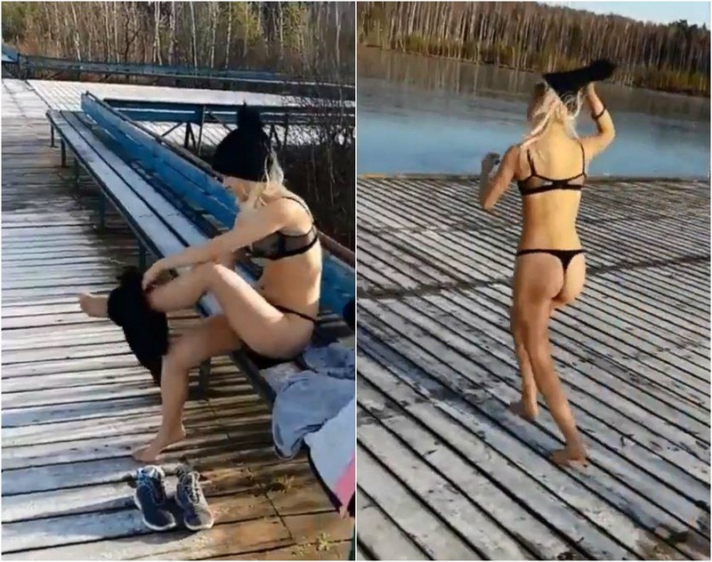 Девушка в белье хотела эффектно прыгнуть в озеро, но лёд оказался крепкий...