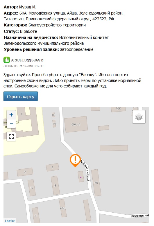 Жители поселка в Татарстане потребовали убрать наряженную к праздникам ёлку