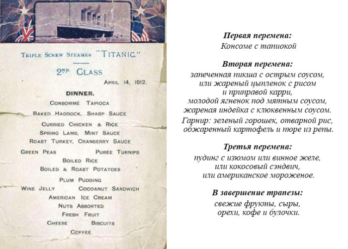 Меню, которое предлагали пассажирам Титаника Меню, которое предлагали пассажирам Титаника