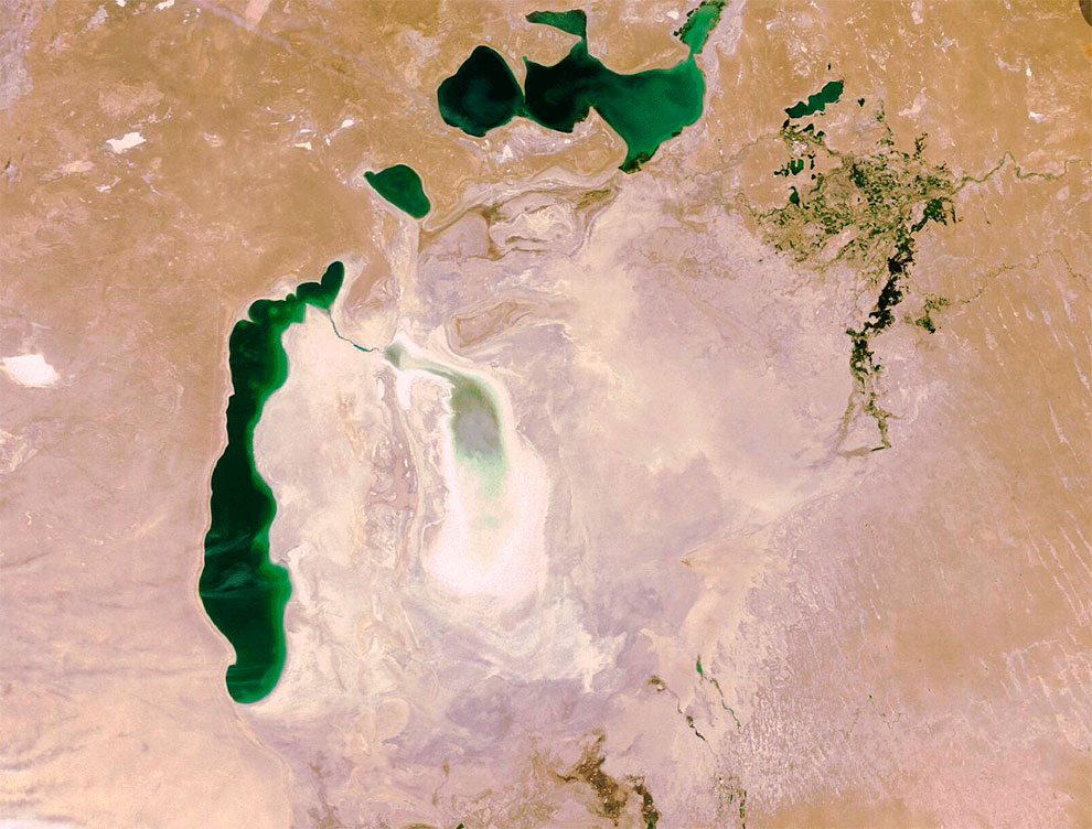 Фото NASA. 2009 год. Море мелеет очень быстро. Практически всё высохло за последние 10 лет