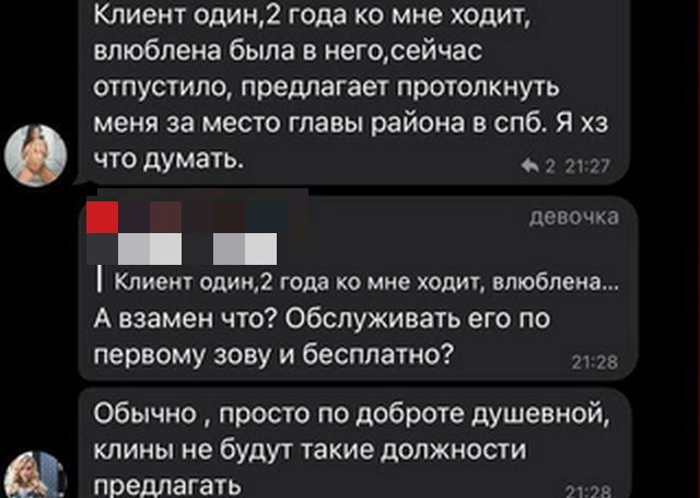 В Сети обсуждают переписку девушки, которой богатый клиент предлагает занять место главы района СПб