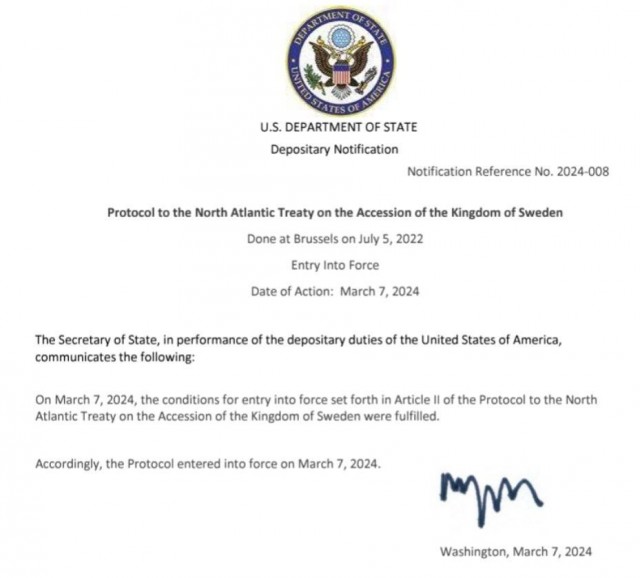 Швеция официально вступила в НАТО