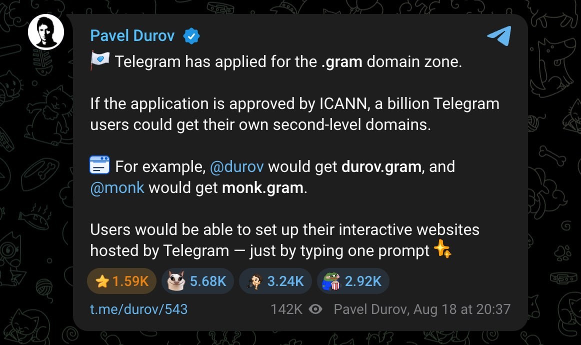 Telegram подал заявку на доменную зону .gram